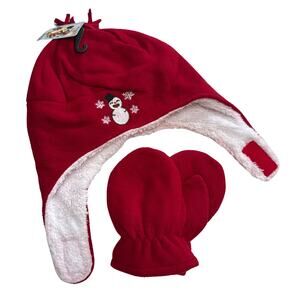 SimpliKids Fleece Sherpa Lined Snowman Kids Winter Hat & Mittens Set 5-7 Years